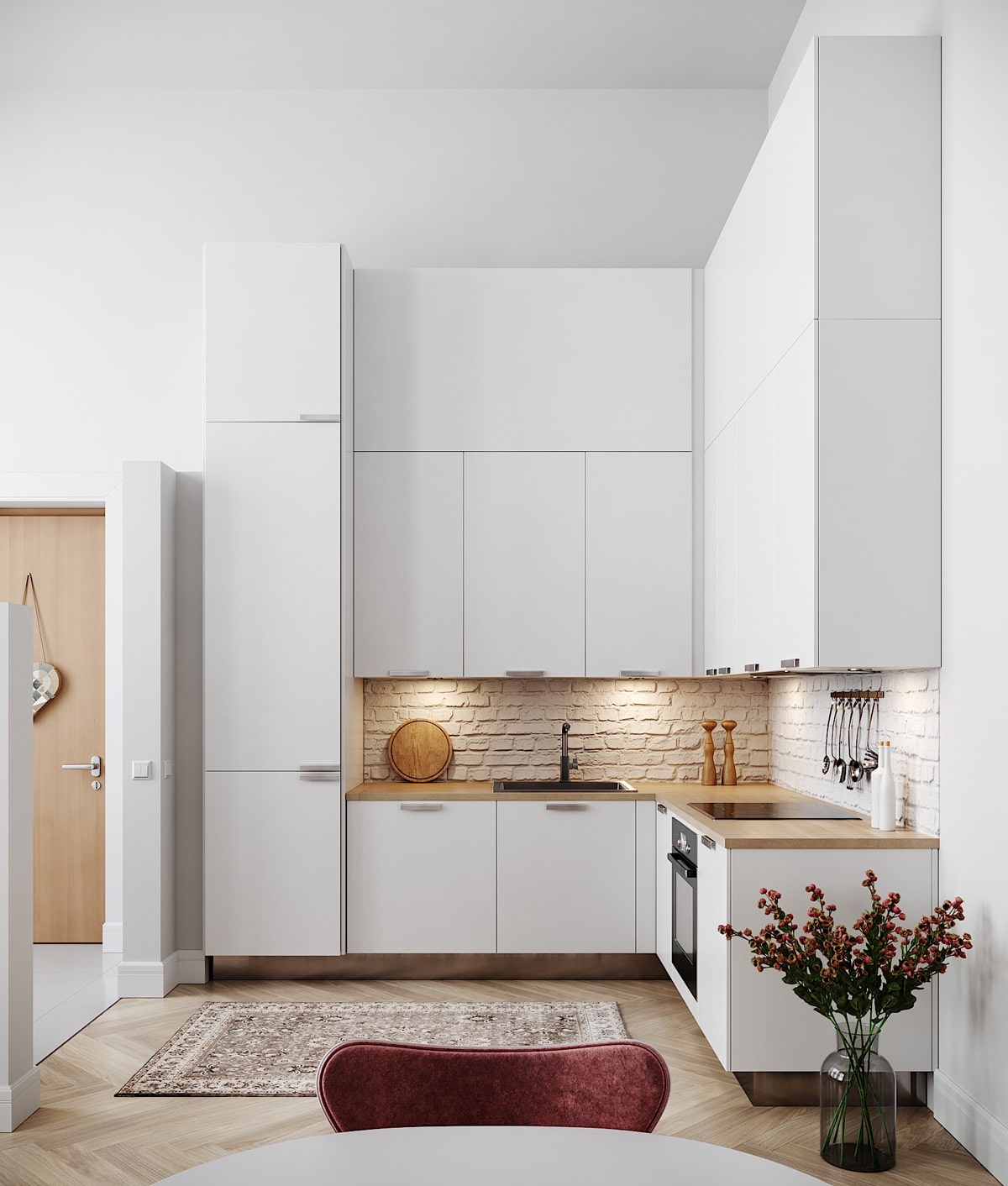 طراحی آشپزخانه به صورت L با دو لاین عمود بر هم
