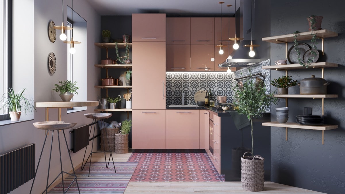 طراحی آشپزخانه به صورت L با دو لاین عمود بر هم