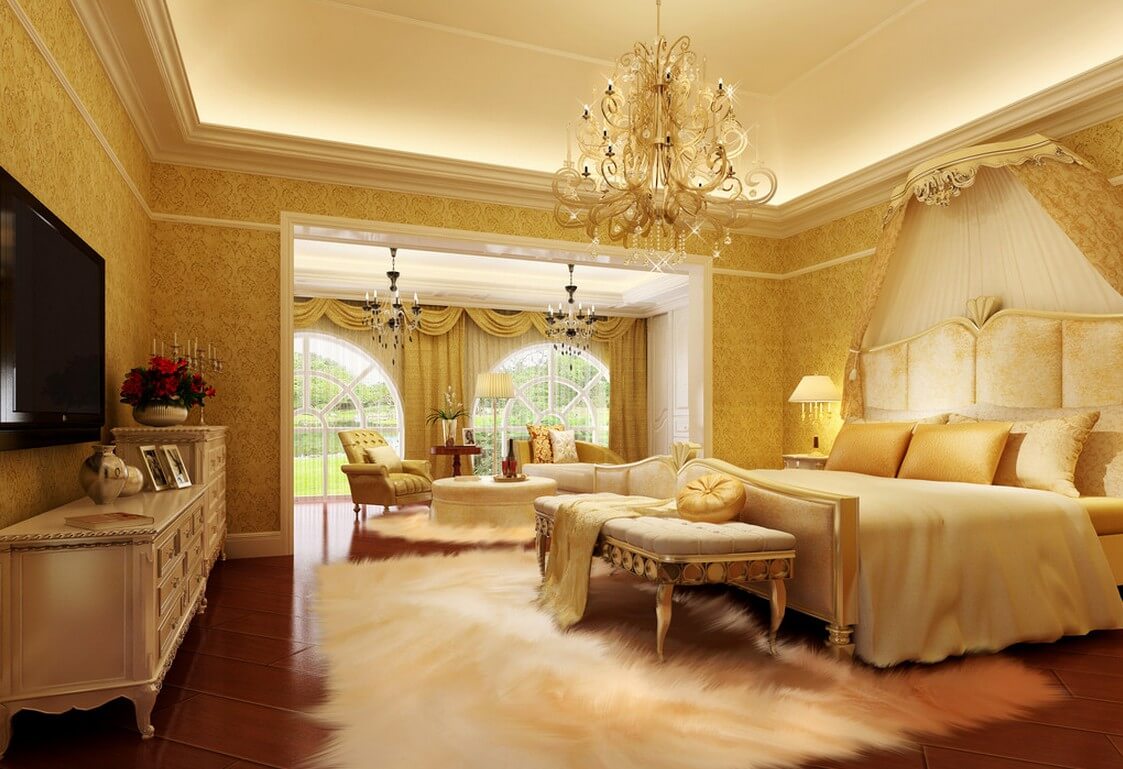 اتاق خواب با گچبری رنگ طلایی